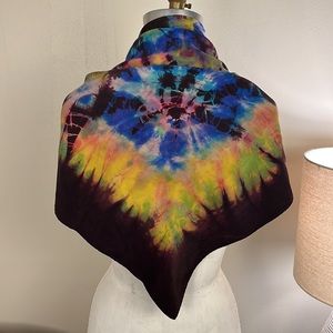 Silk hand rolled tie dye scarf multi color plum blue yellow green. 38”x38”